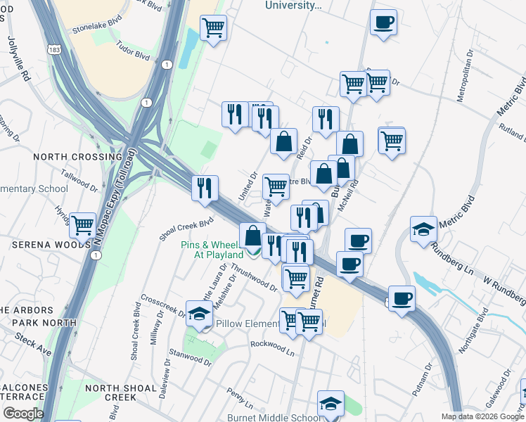 map of restaurants, bars, coffee shops, grocery stores, and more near 9003 Waterford Centre Boulevard in Austin
