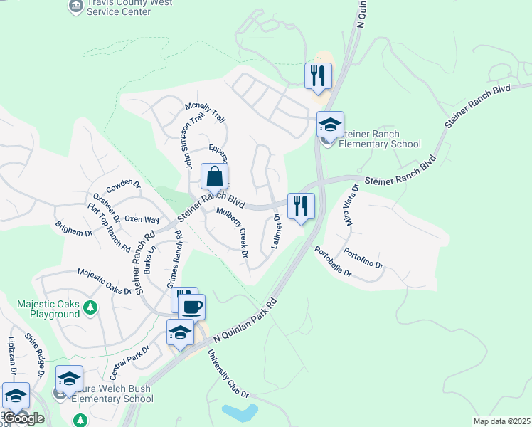 map of restaurants, bars, coffee shops, grocery stores, and more near 3700 Caney Creek Road in Austin
