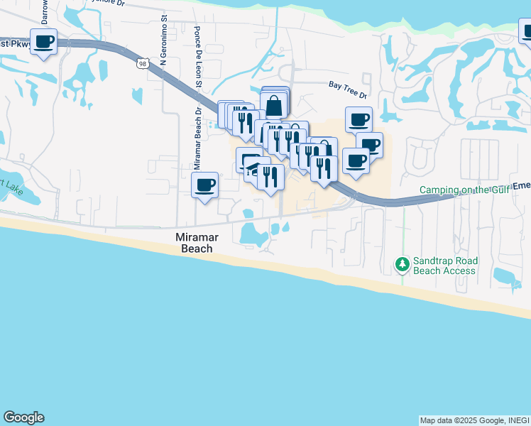 map of restaurants, bars, coffee shops, grocery stores, and more near 340 Scenic Gulf Drive in Miramar Beach