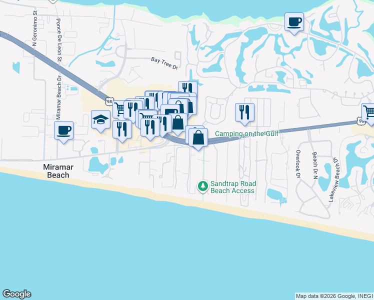 map of restaurants, bars, coffee shops, grocery stores, and more near 114 Main Sail Drive in Miramar Beach