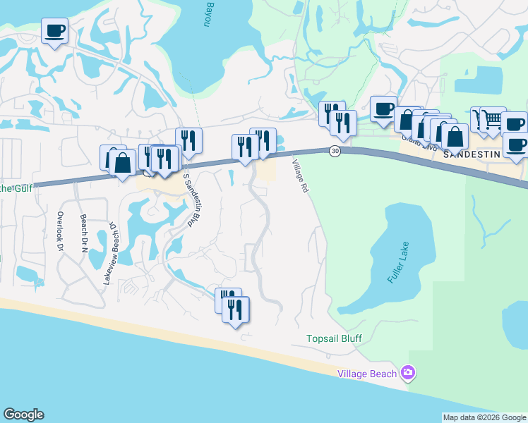map of restaurants, bars, coffee shops, grocery stores, and more near 56 Kensington Lane in Miramar Beach
