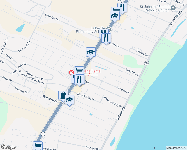 map of restaurants, bars, coffee shops, grocery stores, and more near 6455 Louisiana 1 in Brusly