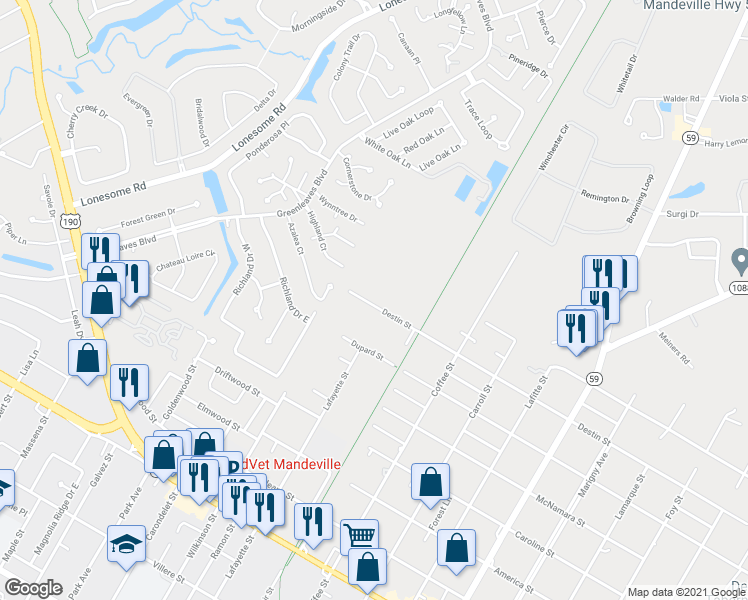 map of restaurants, bars, coffee shops, grocery stores, and more near 2529 Destin Street in Mandeville
