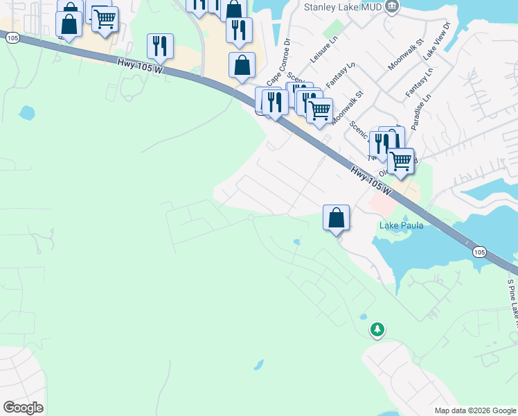 map of restaurants, bars, coffee shops, grocery stores, and more near 18536 Meadow Point Lane in Montgomery