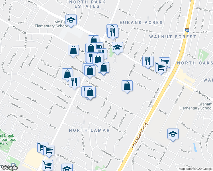 map of restaurants, bars, coffee shops, grocery stores, and more near 299 Ferguson Drive in Austin