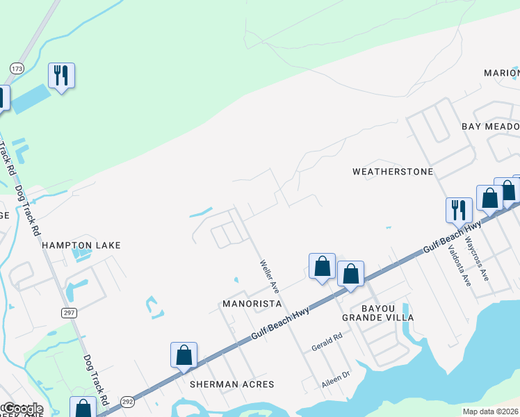 map of restaurants, bars, coffee shops, grocery stores, and more near 8777 Bradfield Drive in Pensacola