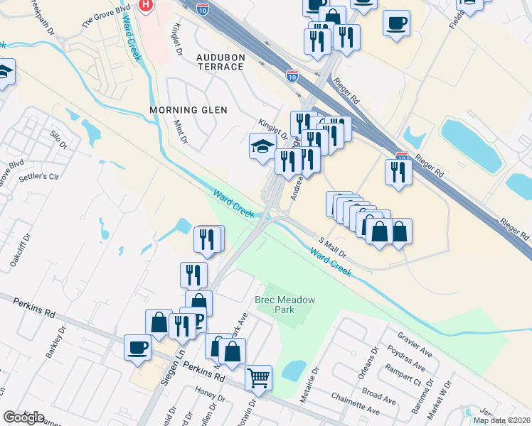 map of restaurants, bars, coffee shops, grocery stores, and more near 7972 Siegen Lane in Baton Rouge