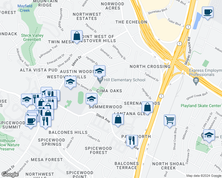 map of restaurants, bars, coffee shops, grocery stores, and more near 8601 Cima Oak Lane in Austin