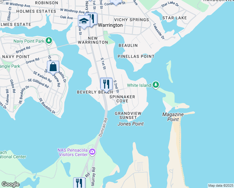 map of restaurants, bars, coffee shops, grocery stores, and more near 605 South 2nd Street in Pensacola