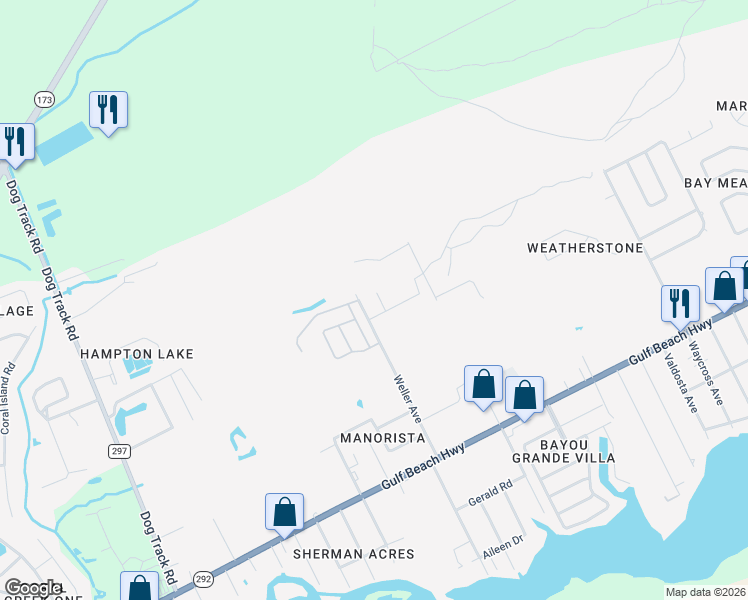 map of restaurants, bars, coffee shops, grocery stores, and more near 8777 Bradfield Drive in Pensacola