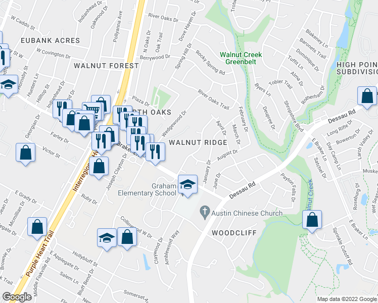 map of restaurants, bars, coffee shops, grocery stores, and more near 11320 Walnut Ridge Drive in Austin