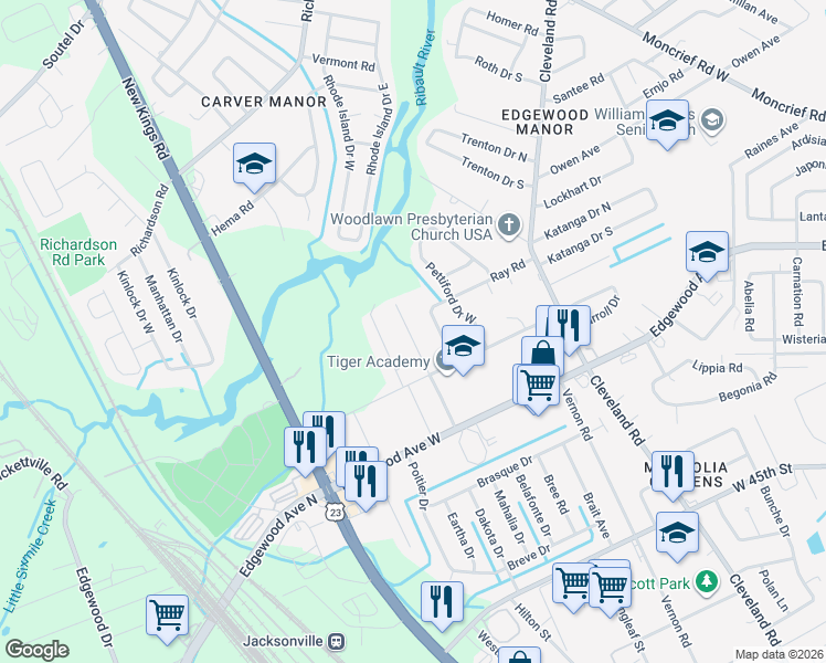 map of restaurants, bars, coffee shops, grocery stores, and more near 6182 Bagley Road in Jacksonville