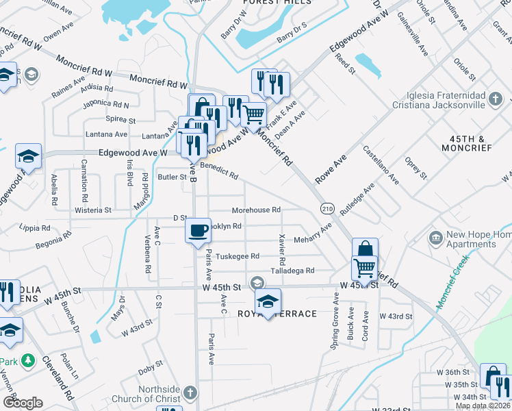 map of restaurants, bars, coffee shops, grocery stores, and more near 2030 Benedict Road in Jacksonville