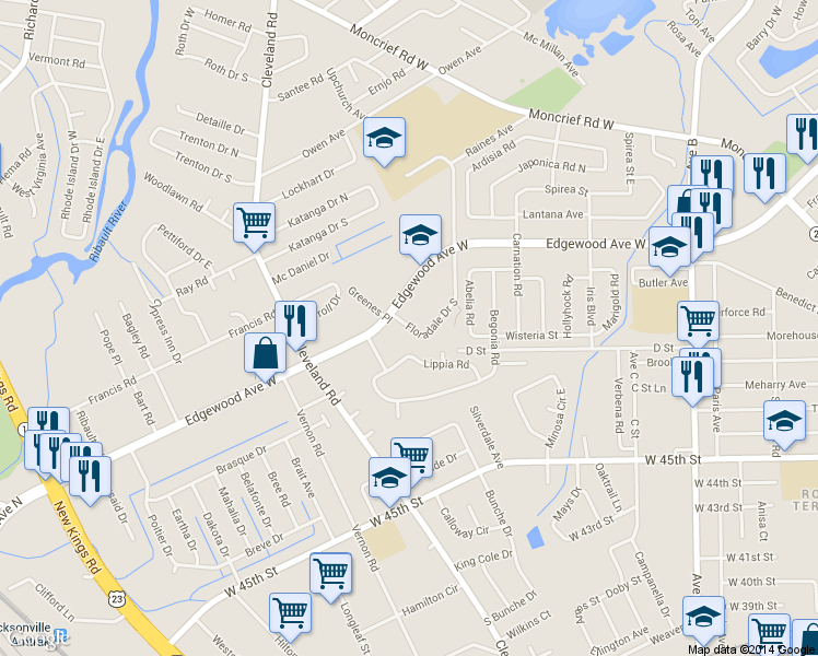 map of restaurants, bars, coffee shops, grocery stores, and more near 2715 Floradale Drive in Jacksonville