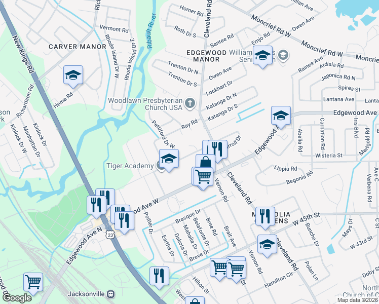 map of restaurants, bars, coffee shops, grocery stores, and more near 6133 Leontyne Price Court in Jacksonville