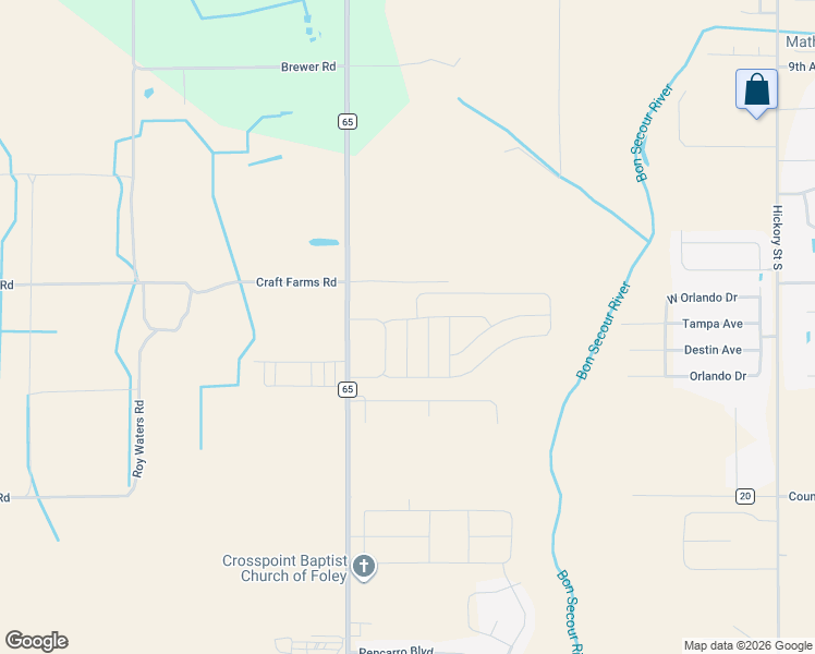 map of restaurants, bars, coffee shops, grocery stores, and more near 9636-10498 County Road 65 in Foley