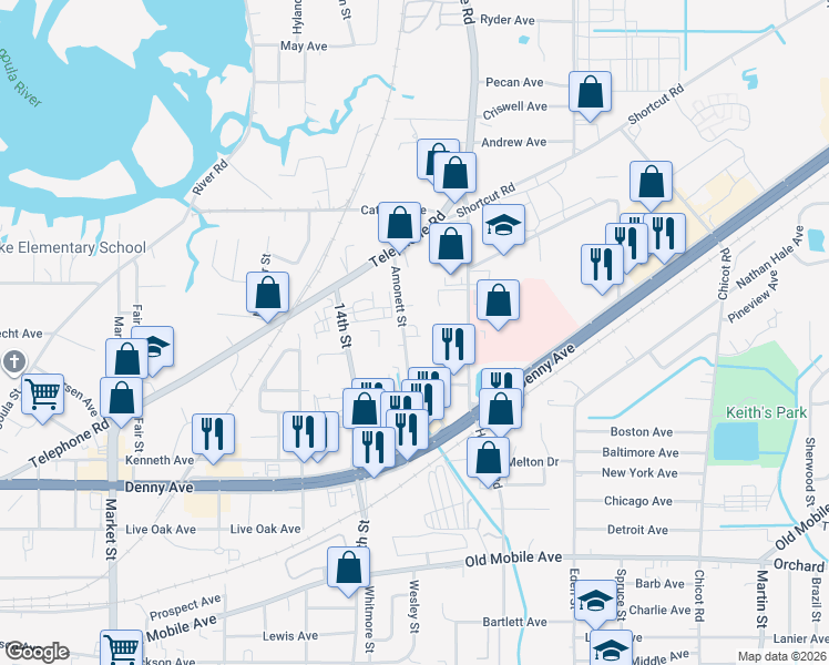 map of restaurants, bars, coffee shops, grocery stores, and more near 3389-3735 Amonett St in Pascagoula