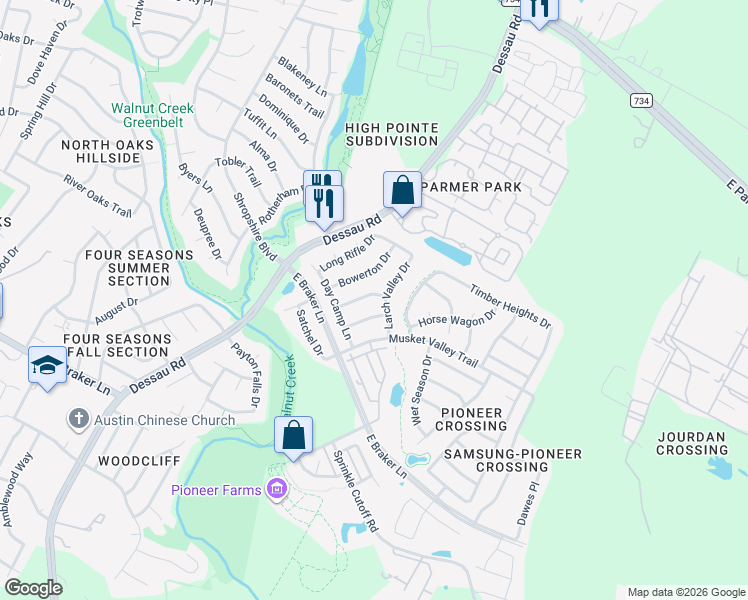 map of restaurants, bars, coffee shops, grocery stores, and more near 11604 Larch Valley Drive in Austin