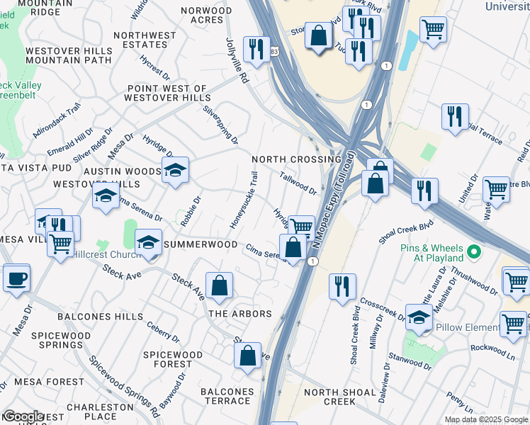 map of restaurants, bars, coffee shops, grocery stores, and more near 8701 Willowick Drive in Austin