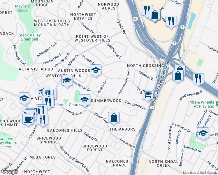 map of restaurants, bars, coffee shops, grocery stores, and more near 8600 Oakmountain Circle in Austin