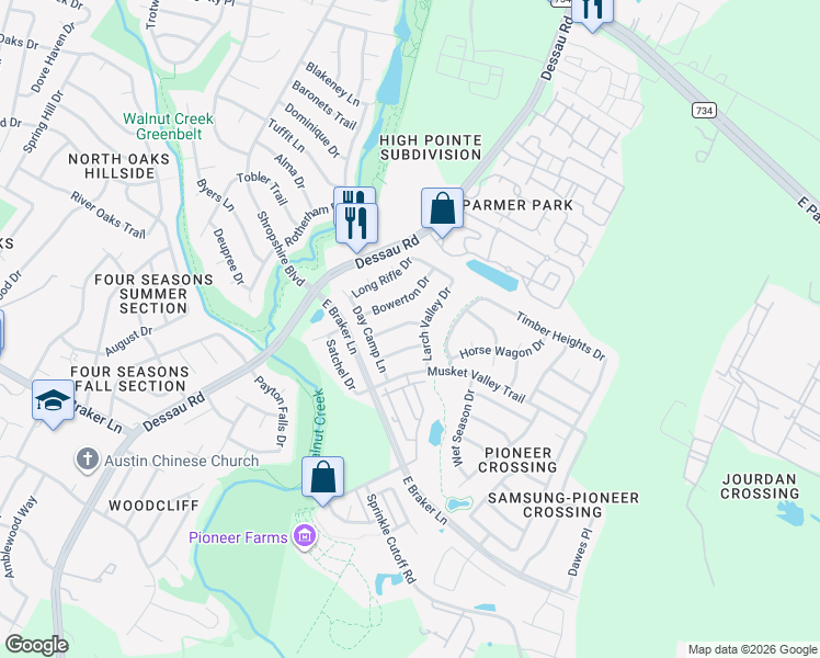 map of restaurants, bars, coffee shops, grocery stores, and more near 11604 Larch Valley Drive in Austin