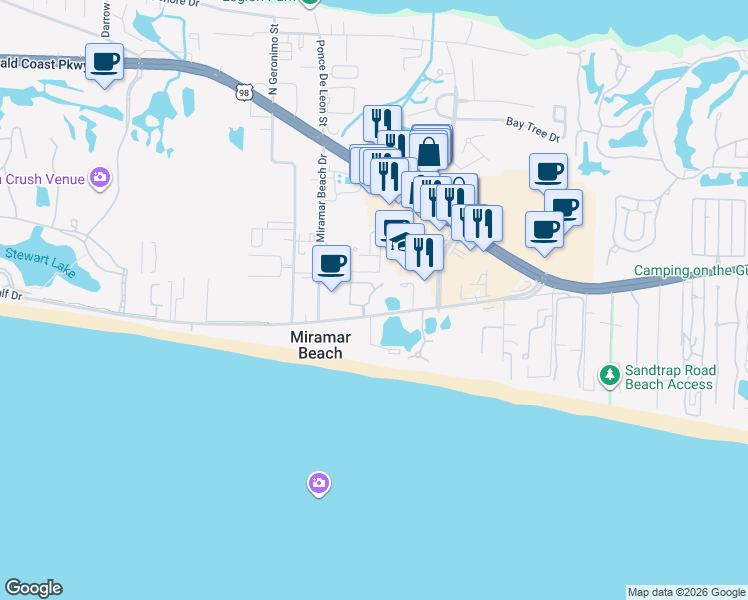map of restaurants, bars, coffee shops, grocery stores, and more near 172 Rue St Tropez in Miramar Beach