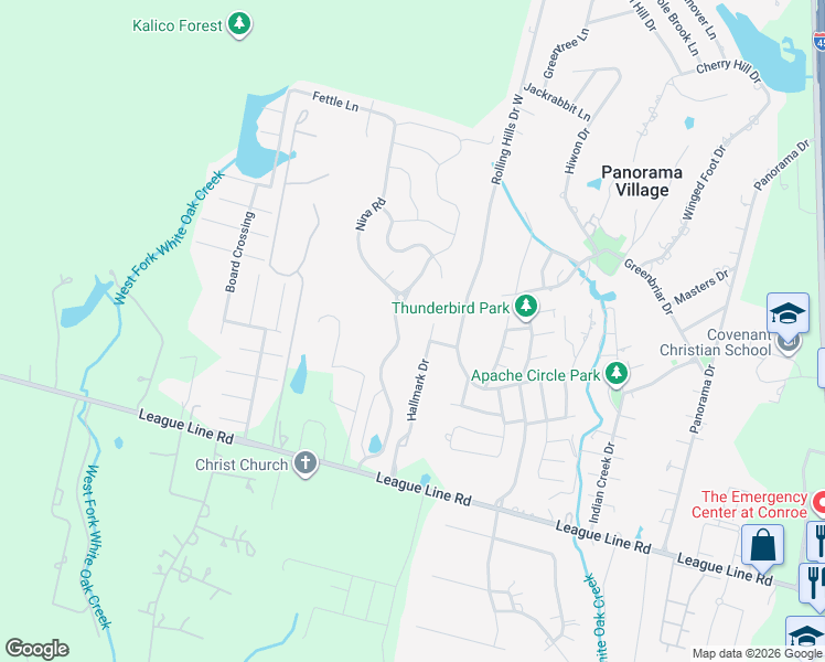 map of restaurants, bars, coffee shops, grocery stores, and more near 59 Hallmark Drive in Conroe