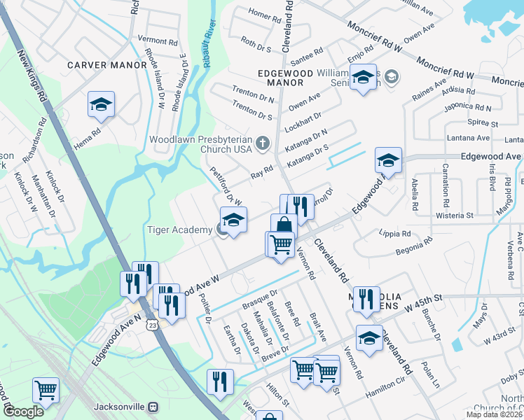 map of restaurants, bars, coffee shops, grocery stores, and more near 6133 Leontyne Price Court in Jacksonville