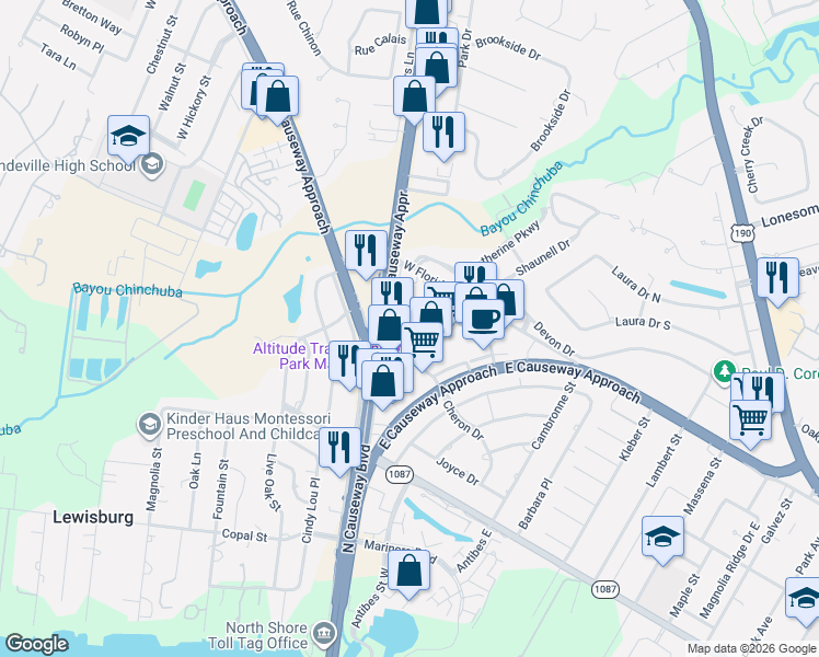 map of restaurants, bars, coffee shops, grocery stores, and more near 717 North Causeway Boulevard in Mandeville