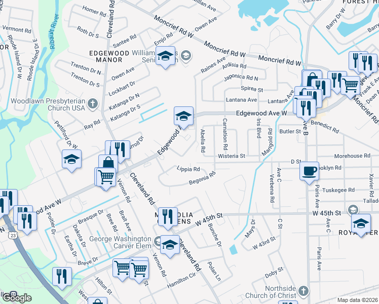 map of restaurants, bars, coffee shops, grocery stores, and more near 2747 Floradale Drive in Jacksonville