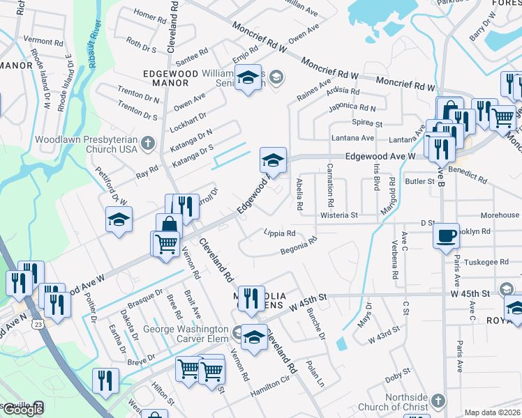 map of restaurants, bars, coffee shops, grocery stores, and more near 2747 Floradale Drive in Jacksonville