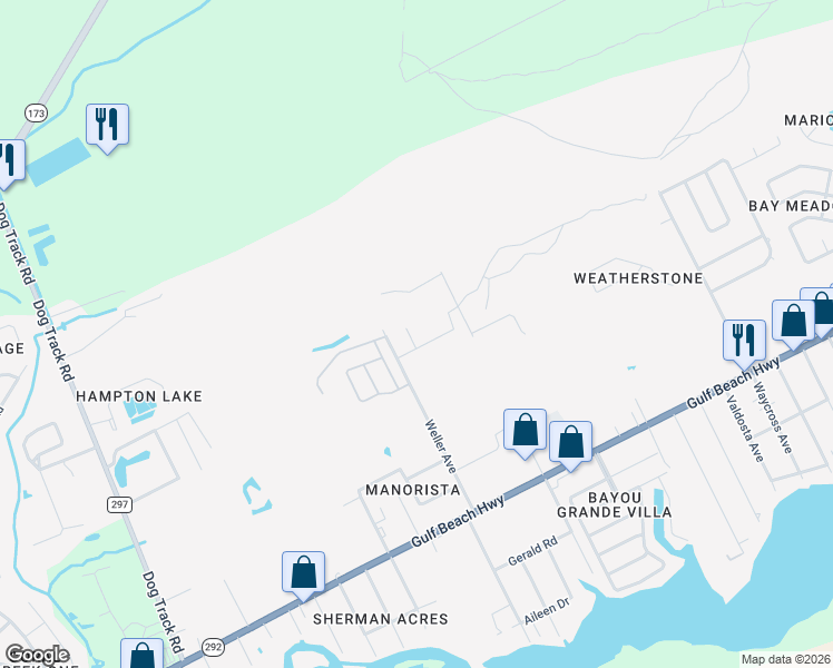 map of restaurants, bars, coffee shops, grocery stores, and more near 8777 Bradfield Drive in Pensacola