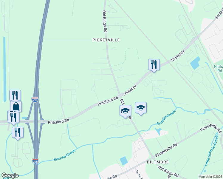 map of restaurants, bars, coffee shops, grocery stores, and more near 6612 Old Kings Road in Jacksonville