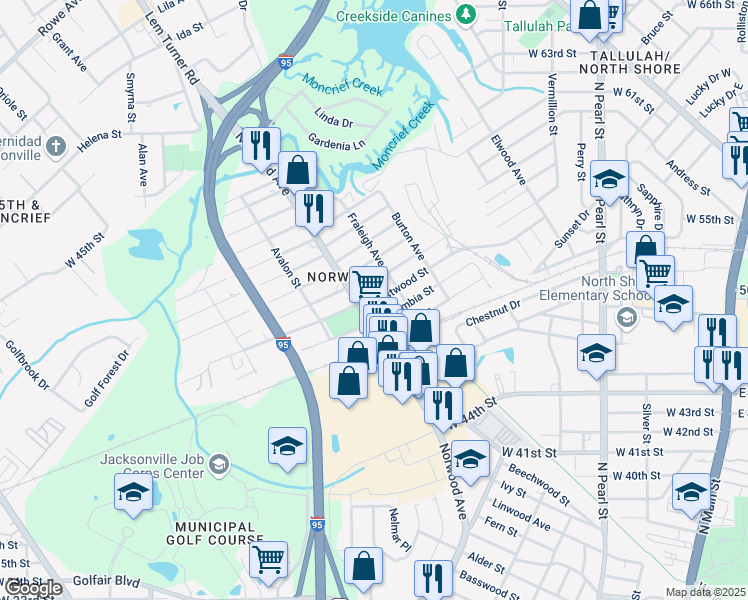 map of restaurants, bars, coffee shops, grocery stores, and more near 843 Crestwood Street in Jacksonville