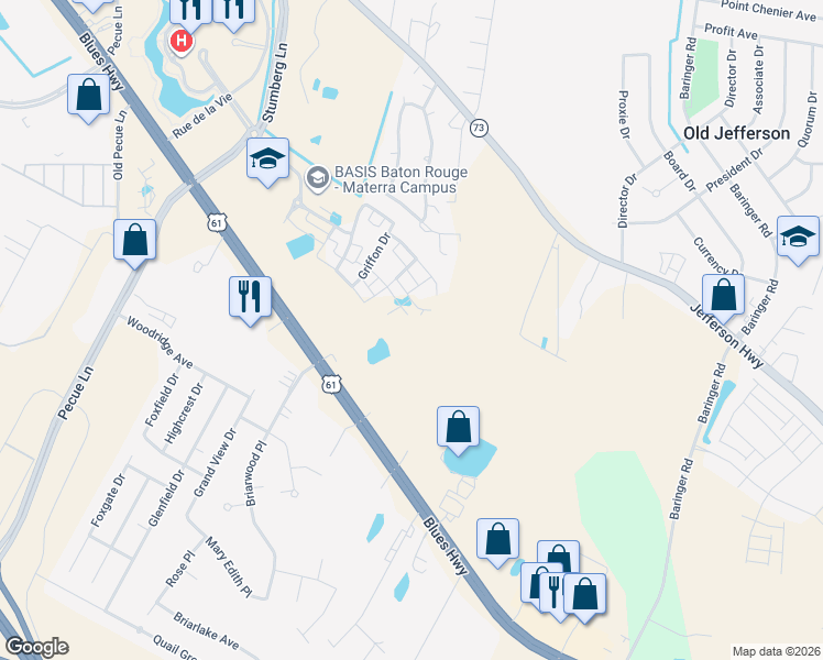 map of restaurants, bars, coffee shops, grocery stores, and more near 18589 Santa Maria Dr in Baton Rouge