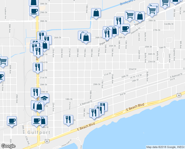 map of restaurants, bars, coffee shops, grocery stores, and more near 2110 18th Avenue in Gulfport