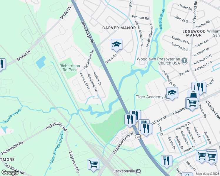 map of restaurants, bars, coffee shops, grocery stores, and more near 6440 New Kings Road in Jacksonville