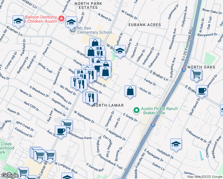 map of restaurants, bars, coffee shops, grocery stores, and more near 206 Ferguson Drive in Austin