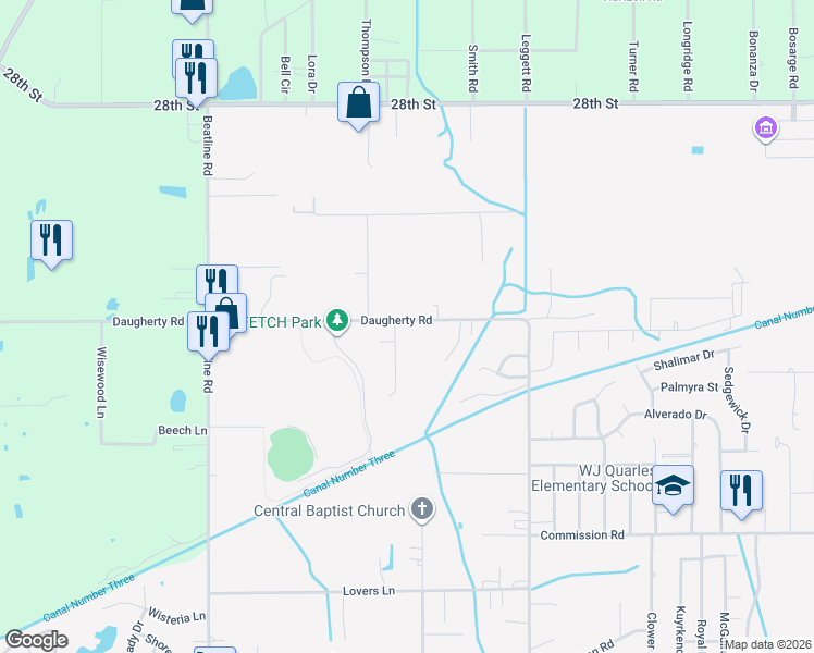 map of restaurants, bars, coffee shops, grocery stores, and more near 20111 Daugherty Road in Long Beach