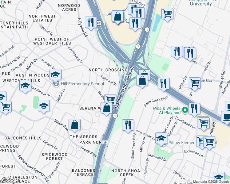 map of restaurants, bars, coffee shops, grocery stores, and more near 8871 Tallwood Drive in Austin