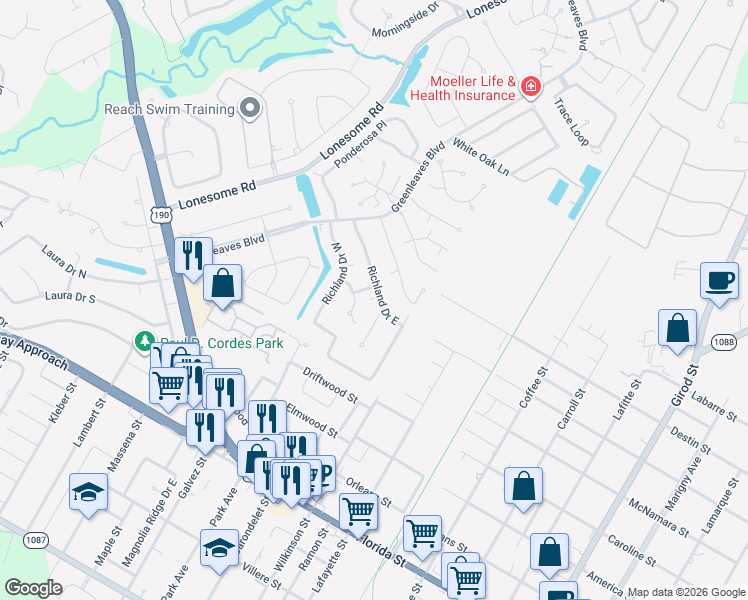 map of restaurants, bars, coffee shops, grocery stores, and more near 223 Richland Drive East in Mandeville