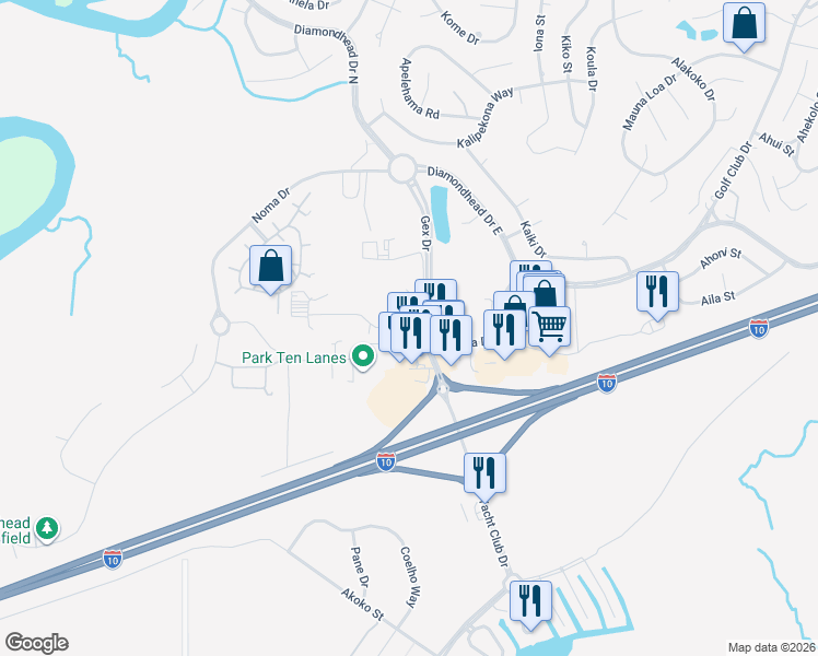 map of restaurants, bars, coffee shops, grocery stores, and more near 5401 Gex Rd in Diamondhead