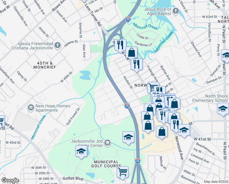 map of restaurants, bars, coffee shops, grocery stores, and more near 1119 Kenmore Street in Jacksonville