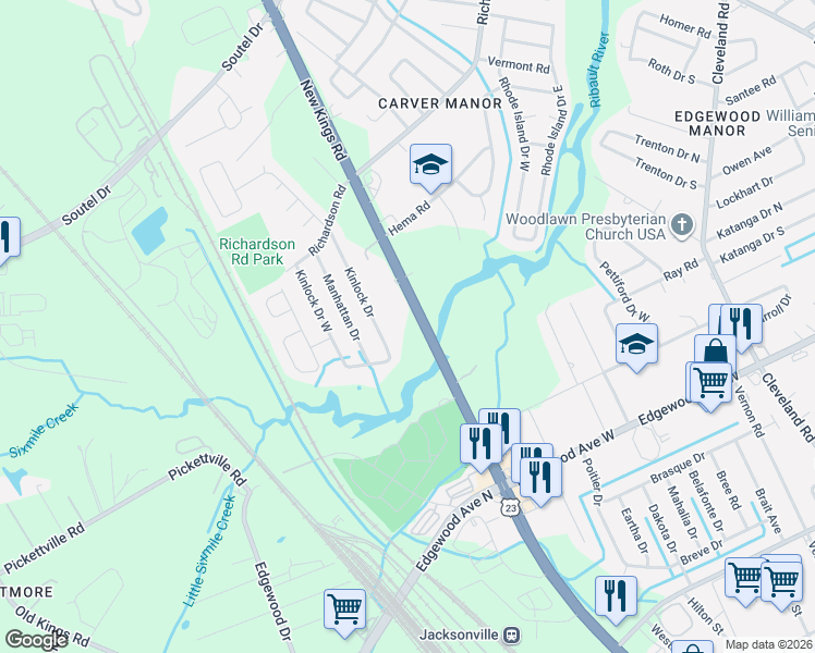 map of restaurants, bars, coffee shops, grocery stores, and more near 6440 New Kings Road in Jacksonville