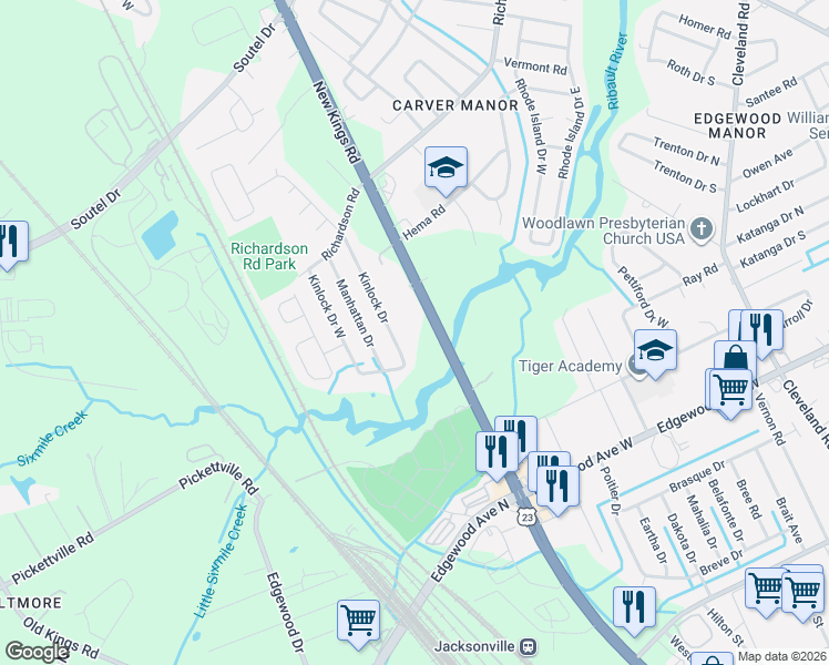map of restaurants, bars, coffee shops, grocery stores, and more near 6471 Kinlock Drive in Jacksonville