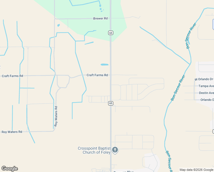 map of restaurants, bars, coffee shops, grocery stores, and more near 10405 County Road 65 in Foley