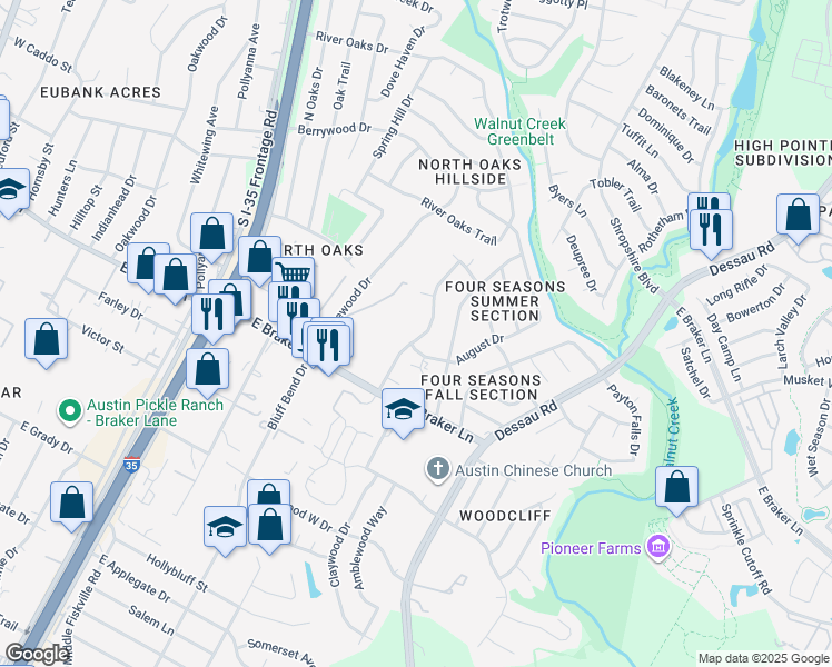 map of restaurants, bars, coffee shops, grocery stores, and more near 11404 Walnut Ridge Drive in Austin