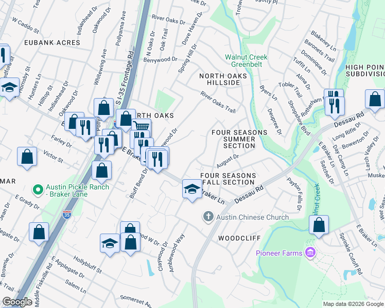 map of restaurants, bars, coffee shops, grocery stores, and more near 11320 Walnut Ridge Drive in Austin