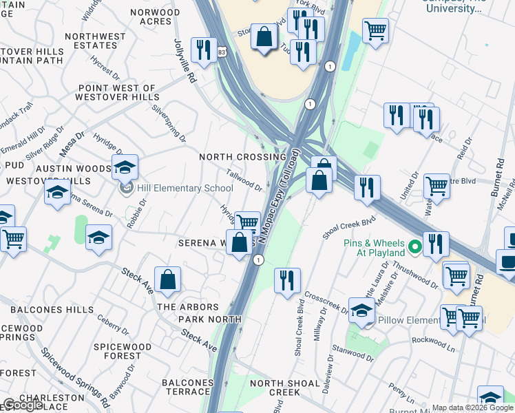 map of restaurants, bars, coffee shops, grocery stores, and more near 8871 Tallwood Drive in Austin