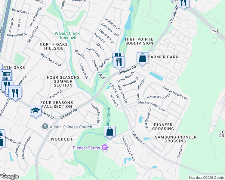 map of restaurants, bars, coffee shops, grocery stores, and more near 11708 Day Camp Lane in Austin